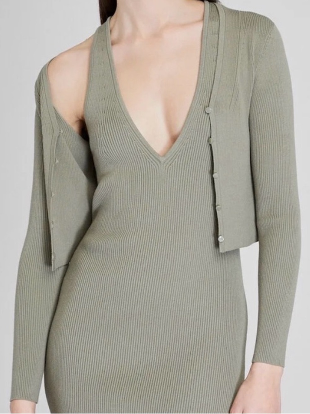 Club Monaco Ribbed Cross Back Dress and Cardigan Set XS S Oak Green Like New